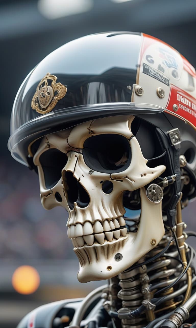  breathtaking Skeleton in a racing helmet. . award winning, professional, highly detailed hyperrealistic, full body, detailed clothing, highly detailed, cinematic lighting, stunningly beautiful, intricate, sharp focus, f/1. 8, 85mm, (centered image composition), (professionally color graded), ((bright soft diffused light)), volumetric fog, trending on instagram, trending on tumblr, HDR 4K, 8K