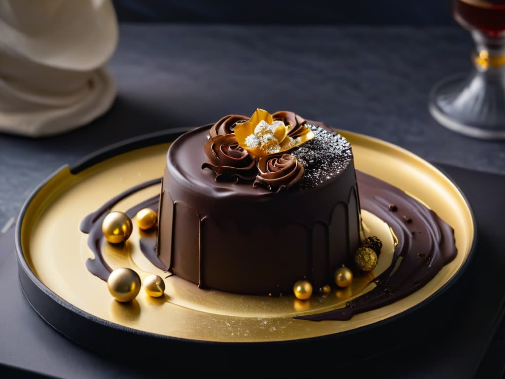  A luxurious dark chocolate truffle, dusted with shimmering edible gold flakes, resting on a sleek, matte black plate. The truffle is expertly handcrafted, showcasing intricate swirls and patterns, while the background is a soft focus to emphasize the decadent treat. The lighting is artfully dramatic, casting shadows that highlight the textures of the chocolate and the subtle gleam of the gold. This image exudes sophistication and indulgence, perfectly complementing the theme of bold flavor combinations in the realm of chocolate desserts. hyperrealistic, full body, detailed clothing, highly detailed, cinematic lighting, stunningly beautiful, intricate, sharp focus, f/1. 8, 85mm, (centered image composition), (professionally color graded), ((bright soft diffused light)), volumetric fog, trending on instagram, trending on tumblr, HDR 4K, 8K