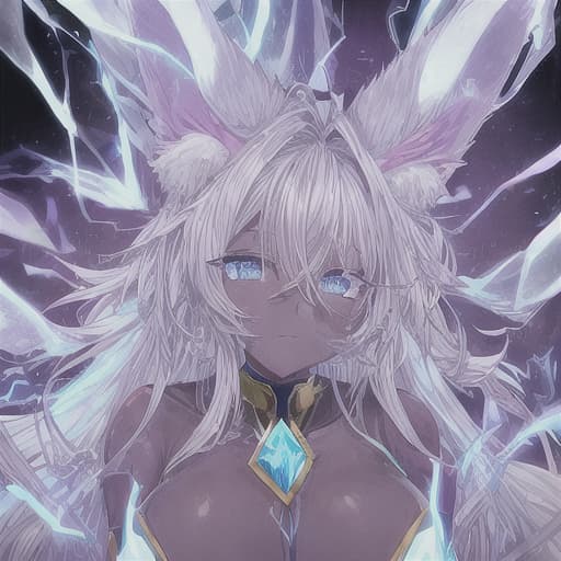  A female archmage, dark skin, tall and with long silver hair, with animal ears instead of human ears. These ears will be large and will be downwards from where the human ears would be, she will have blue eyes and a blue aura. and electric gold around, in the background it will have pink crystals