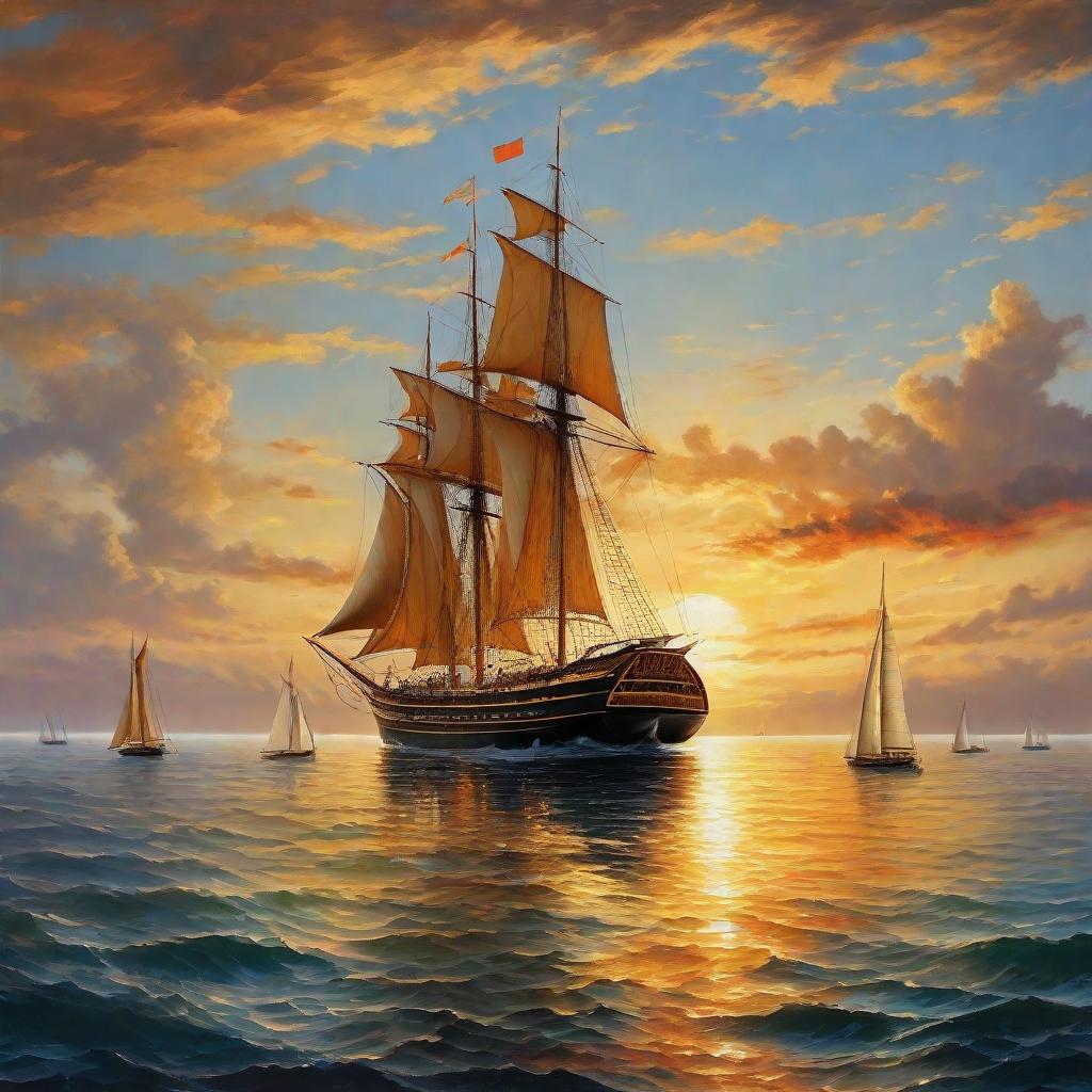  masterpiece, best quality,On the rippling sea, giant classical sailboats sail, the sky is full of sunset