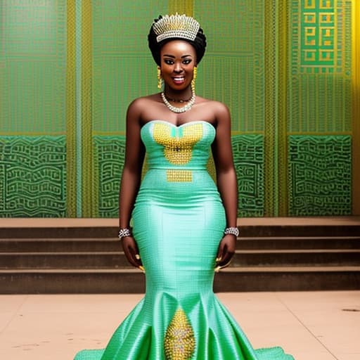  A Ghanaian modern bride in a stylish mint green Ghanaian KENTE gown with chains and petals . Should be a mermaid dress that looks regal and has highlights of kente colors. Must look like a beauty queen with a golden crown