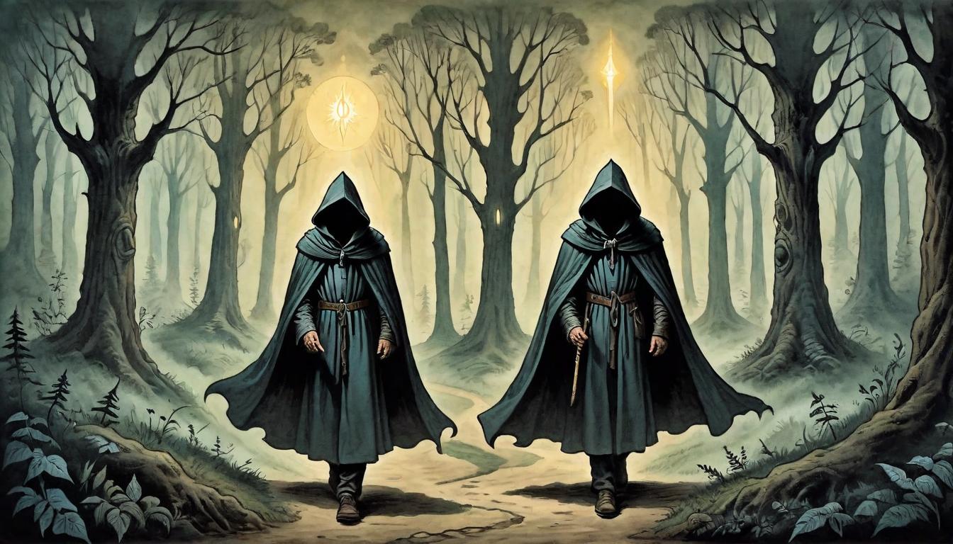  on parchment, surrealism+++, A figure in a hooded cloak, leading a group through a dark, enchanted forest, glowing pathways unfolding, guiding light, effective guidance(mysterious, provocative, symbolic,muted color)+++