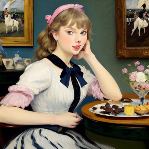  Happy beautiful Taylor Swift with pink cheeks and streaks of sunshine, gazing at a piece of fine dark chocolate, painted in the style of Édouard Manet. Foreground has a plate of fine dark chocolates on a coffee table. Background has a thoroughbred horses, white horse fences, limestone fences