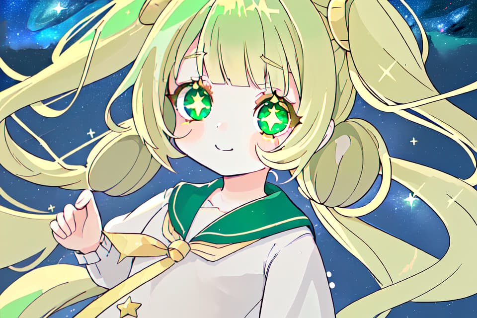  Beautiful ,,green eyes,long hair,Golden hair、half twin tail,cute,glittering eyes,star shaped highlights,stars,use of stars,sailor suit,night sky,using the magic of stars,cute,innocence,smile、(absurd detailed:1.4、best quality:1.4、masterpiece:1.4)、