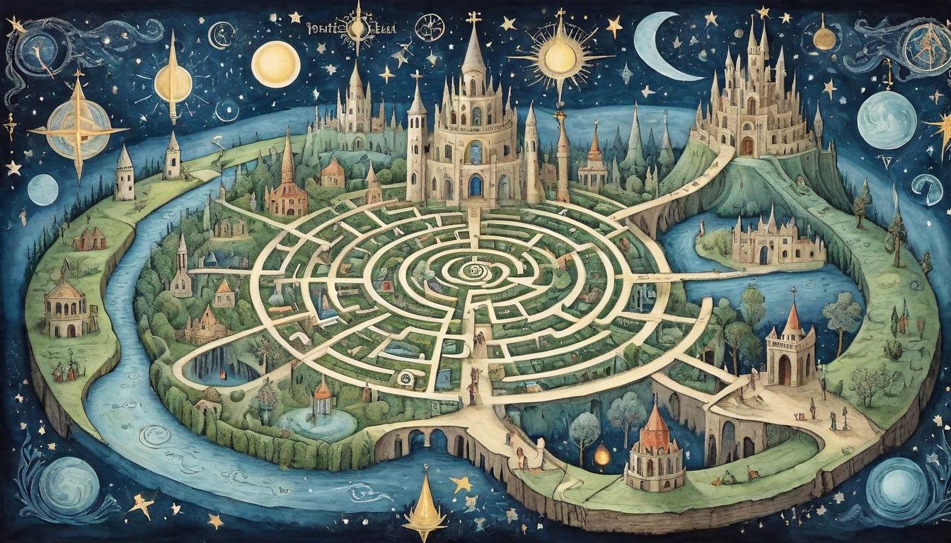  on parchment, surrealism+++, A tapestry of intertwined paths, each thread a story of the chosen, labyrinth of fate under a starlit sky, network of destiny, illuminated junctions, celestial guideposts, narrative in the stars(mysterious, provocative, symbolic,muted color)+++