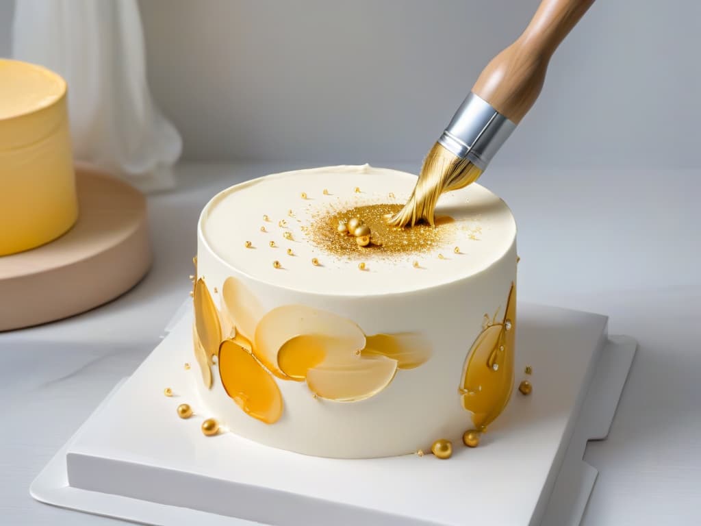  A closeup, ultradetailed image of a delicate brush painting vibrant strokes of edible gold paint onto a smooth white fondant canvas, showcasing the meticulous technique of edible painting for beginners. The gold paint glistens under a soft spotlight, highlighting the precision and artistry involved in this culinary craft. hyperrealistic, full body, detailed clothing, highly detailed, cinematic lighting, stunningly beautiful, intricate, sharp focus, f/1. 8, 85mm, (centered image composition), (professionally color graded), ((bright soft diffused light)), volumetric fog, trending on instagram, trending on tumblr, HDR 4K, 8K