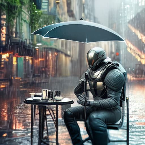 nousr robot A man having a cup of coffee in a porch while it's raining hyperrealistic, full body, detailed clothing, highly detailed, cinematic lighting, stunningly beautiful, intricate, sharp focus, f/1. 8, 85mm, (centered image composition), (professionally color graded), ((bright soft diffused light)), volumetric fog, trending on instagram, trending on tumblr, HDR 4K, 8K