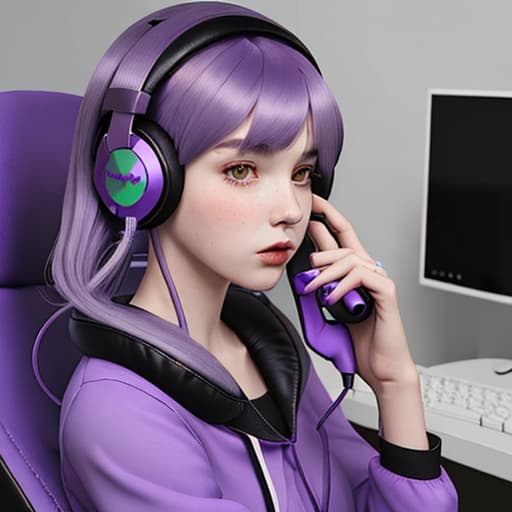  girl with medium length purple hair with gaming headphones