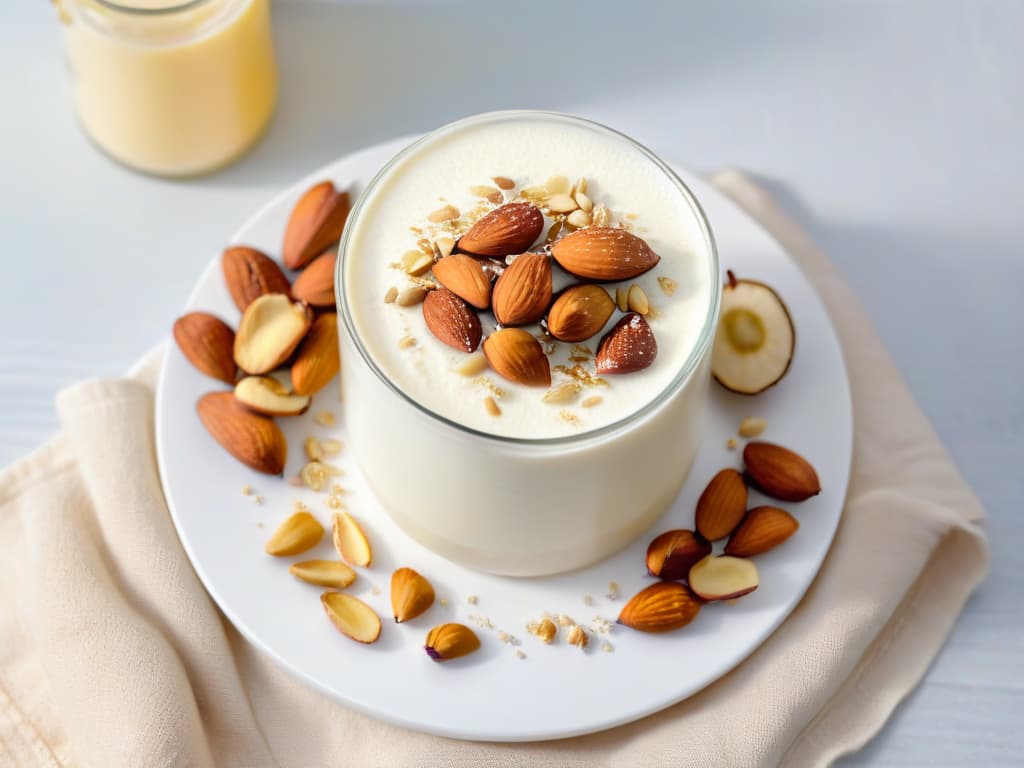  A serene and minimalist image of a glass of plantbased milk surrounded by various natural ingredients like almonds, oats, and soybeans, symbolizing the idea of vegan alternatives to whey protein. The background is a soft, neutral tone to enhance the simplicity and elegance of the composition, with a subtle ray of sunlight illuminating the scene to add a touch of warmth and positivity. hyperrealistic, full body, detailed clothing, highly detailed, cinematic lighting, stunningly beautiful, intricate, sharp focus, f/1. 8, 85mm, (centered image composition), (professionally color graded), ((bright soft diffused light)), volumetric fog, trending on instagram, trending on tumblr, HDR 4K, 8K