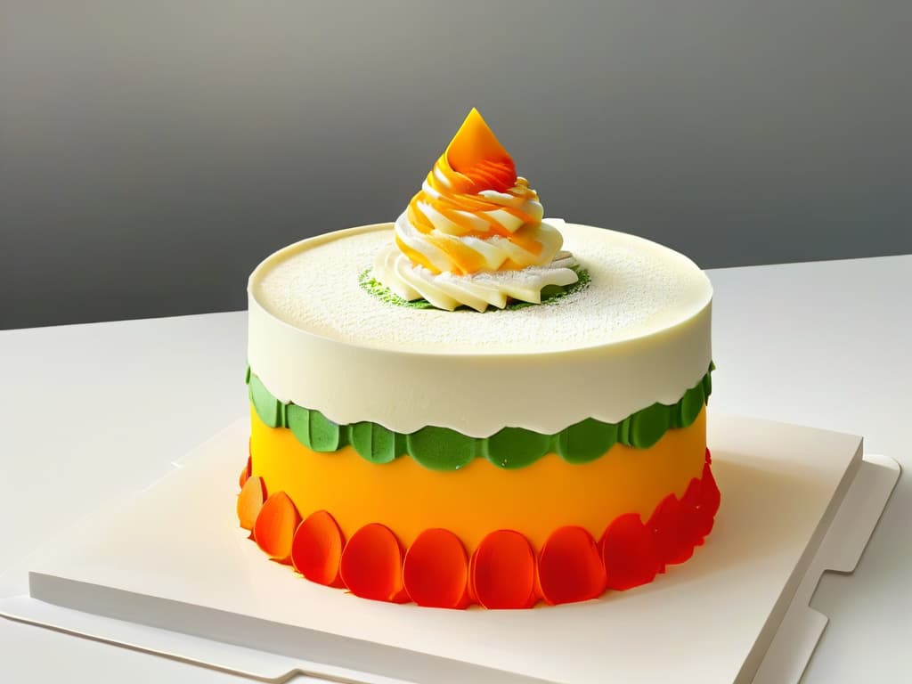  An 8k ultradetailed image of a gravitydefying 3D printed dessert masterpiece, featuring intricate layers of geometric shapes and vibrant colors. The dessert is delicately balanced on a single point, showcasing the precision and artistry of 3D printed confections. Light reflects off the glossy surface, enhancing the futuristic and innovative feel of this cuttingedge culinary creation. hyperrealistic, full body, detailed clothing, highly detailed, cinematic lighting, stunningly beautiful, intricate, sharp focus, f/1. 8, 85mm, (centered image composition), (professionally color graded), ((bright soft diffused light)), volumetric fog, trending on instagram, trending on tumblr, HDR 4K, 8K