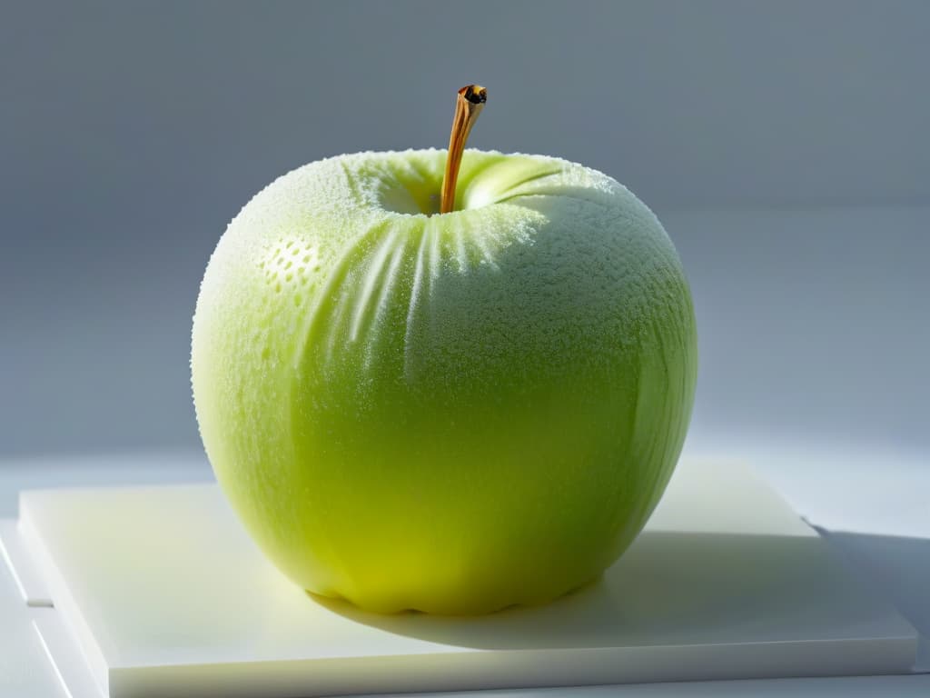  An ultradetailed closeup image of a delicate, intricately sculpted edible apple created by Cédric Grolet, showcasing the expert craftsmanship and attention to detail in the impeccable design of the fruit dessert. The apple is flawlessly replicated, complete with a glossy finish and lifelike stem, set against a clean, minimalistic backdrop to emphasize the artistry and precision of Grolet's edible sculptures. hyperrealistic, full body, detailed clothing, highly detailed, cinematic lighting, stunningly beautiful, intricate, sharp focus, f/1. 8, 85mm, (centered image composition), (professionally color graded), ((bright soft diffused light)), volumetric fog, trending on instagram, trending on tumblr, HDR 4K, 8K