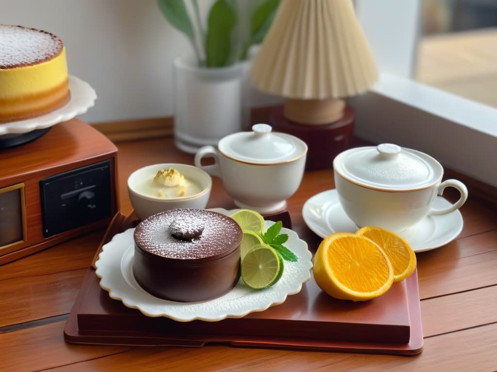  An 8k ultradetailed image of a delicate porcelain tea set elegantly arranged on a rustic wooden table, showcasing a steaming cup of fragrant tea beside a plate of assorted iconic desserts from the Americas, including pastel de tres leches, alfajores, key lime pie, and brigadeiros. The soft natural light filtering through a nearby window highlights the textures and colors of the treats, creating a warm and inviting atmosphere perfect for a tea ritual. hyperrealistic, full body, detailed clothing, highly detailed, cinematic lighting, stunningly beautiful, intricate, sharp focus, f/1. 8, 85mm, (centered image composition), (professionally color graded), ((bright soft diffused light)), volumetric fog, trending on instagram, trending on tumblr, HDR 4K, 8K