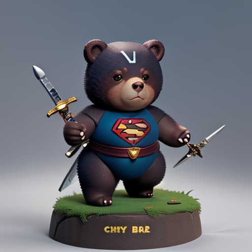  "Tiny chubby superhero bear with a sword."