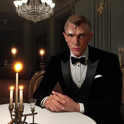  Attractive looking James Bond lookalike in black tuxedo is sitting on couch,drinking in chic guest room in Jugendstil design,shadowy inside only lit by candles on the tables and chandeliers above