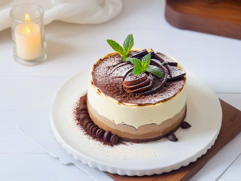  A highresolution, minimalist image of a beautifully plated Tiramisu dessert served in an elegant historic European café, featuring layers of espressosoaked ladyfingers, creamy mascarpone cheese, dusted with cocoa powder, and garnished with a fresh mint leaf on a delicate white porcelain plate. The dessert is set against a softfocus background of a vintage café interior with classic wooden furniture and soft ambient lighting, creating a serene and inviting atmosphere that captures the essence of iconic European café experiences. hyperrealistic, full body, detailed clothing, highly detailed, cinematic lighting, stunningly beautiful, intricate, sharp focus, f/1. 8, 85mm, (centered image composition), (professionally color graded), ((bright soft diffused light)), volumetric fog, trending on instagram, trending on tumblr, HDR 4K, 8K