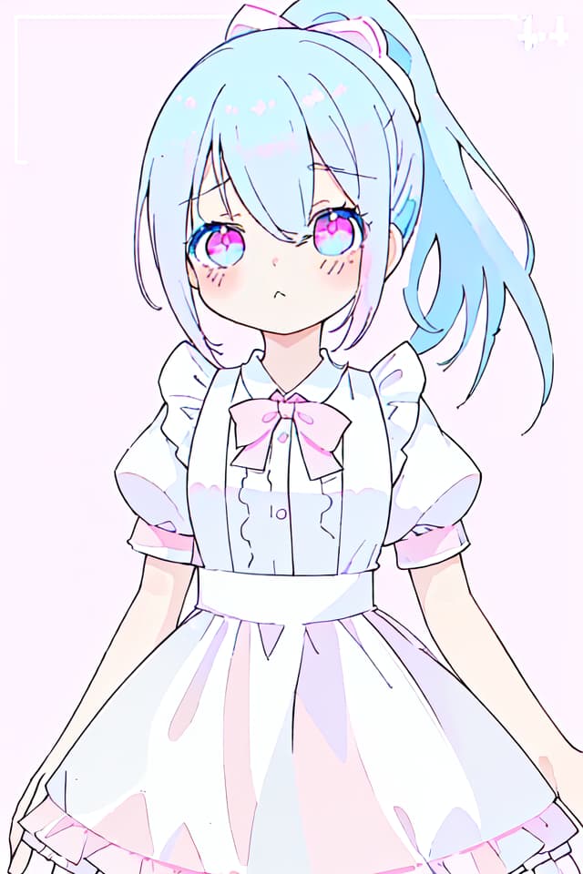  Maid clothes,pastel colors,light blue hair,pink eyes,cute,beautiful girl,pink maid clothes,maid cafe,ponytail,cute,(absurd detailed:1.4、best quality:1.4、masterpiece:1.4)、