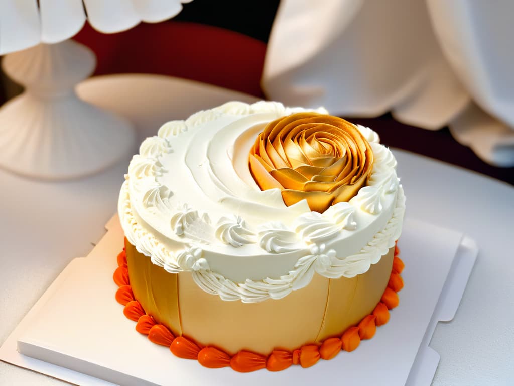  A closeup, highresolution image of a chef's hands meticulously piping delicate swirls of frosting onto a beautifully crafted cake, showcasing intricate details and precision. The focus is on the artistry and skill involved in pastry competition, with a minimalist backdrop to highlight the chef's expert technique and the beauty of the final product. hyperrealistic, full body, detailed clothing, highly detailed, cinematic lighting, stunningly beautiful, intricate, sharp focus, f/1. 8, 85mm, (centered image composition), (professionally color graded), ((bright soft diffused light)), volumetric fog, trending on instagram, trending on tumblr, HDR 4K, 8K