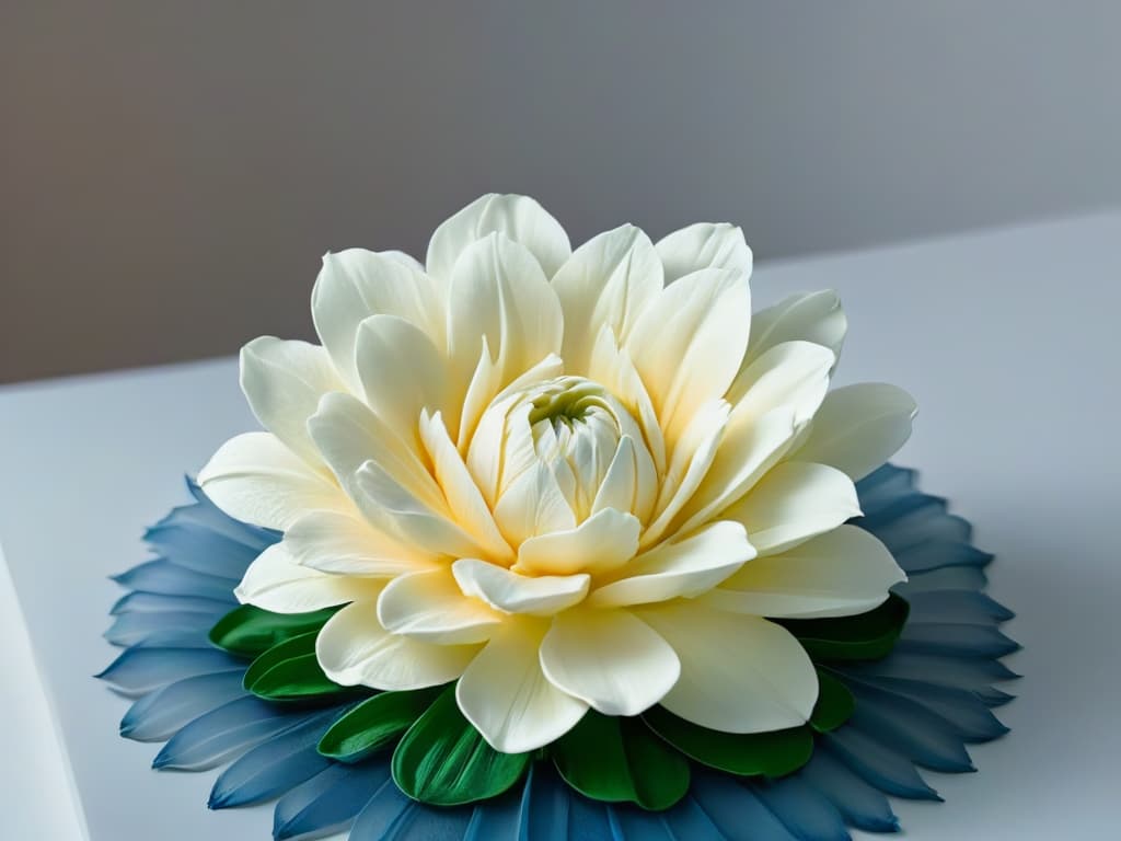  A closeup, ultradetailed image of a delicate, handcrafted sugar flower with intricate petals and lifelike details, set against a soft, blurred background to emphasize its artistry. The flower showcases a gradient of pastel hues, casting subtle shadows that add depth and dimension to its elegant design. Every vein and texture of the petals is meticulously captured, highlighting the skill and craftsmanship involved in creating such a stunning piece of edible art. hyperrealistic, full body, detailed clothing, highly detailed, cinematic lighting, stunningly beautiful, intricate, sharp focus, f/1. 8, 85mm, (centered image composition), (professionally color graded), ((bright soft diffused light)), volumetric fog, trending on instagram, trending on tumblr, HDR 4K, 8K