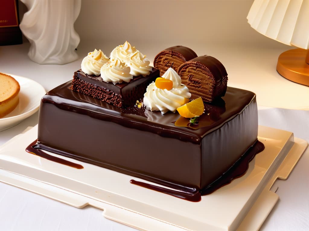  An ultradetailed image of a traditional Viennese café setting, with a beautifully plated slice of Sacher Torte placed on an elegant porcelain dish. The cake is meticulously decorated with a glossy chocolate glaze and a dollop of fresh whipped cream on the side. The background showcases the cozy and sophisticated ambiance of the café, with classical music playing softly in the background and the warm glow of vintage chandeliers casting a soft light over the scene. hyperrealistic, full body, detailed clothing, highly detailed, cinematic lighting, stunningly beautiful, intricate, sharp focus, f/1. 8, 85mm, (centered image composition), (professionally color graded), ((bright soft diffused light)), volumetric fog, trending on instagram, trending on tumblr, HDR 4K, 8K