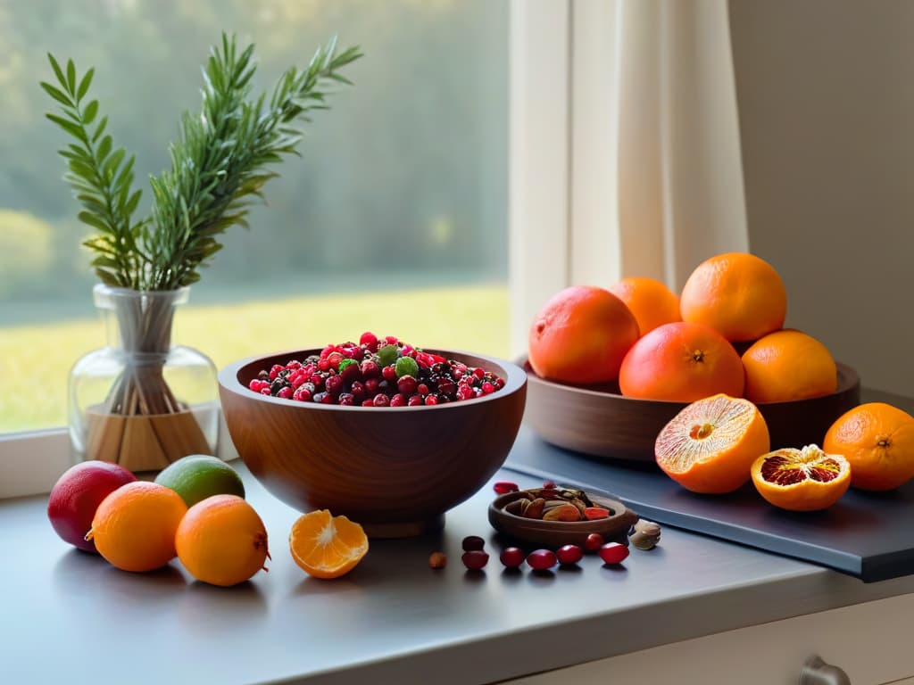  A minimalist image of a cozy kitchen countertop adorned with seasonal winter fruits like pomegranates, cranberries, and clementines, alongside rustic kitchen utensils such as wooden spoons and a mortar and pestle. The soft natural light filtering through a nearby window highlights the vibrant colors of the produce, creating a warm and inviting atmosphere perfect for crafting vegan winter desserts. hyperrealistic, full body, detailed clothing, highly detailed, cinematic lighting, stunningly beautiful, intricate, sharp focus, f/1. 8, 85mm, (centered image composition), (professionally color graded), ((bright soft diffused light)), volumetric fog, trending on instagram, trending on tumblr, HDR 4K, 8K