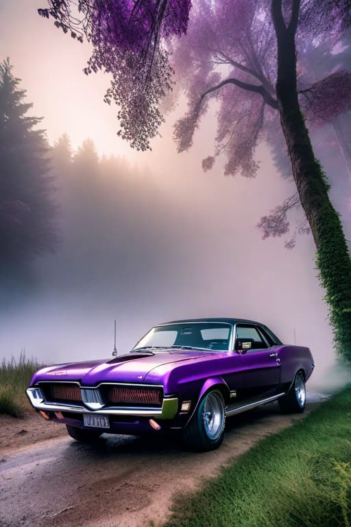  Aggressive,1969 Mercury Cougar,Purple,drifting,Sandip mountains,wide angle, 4k, 8k, high definition hyperrealistic, full body, detailed clothing, highly detailed, cinematic lighting, stunningly beautiful, intricate, sharp focus, f/1. 8, 85mm, (centered image composition), (professionally color graded), ((bright soft diffused light)), volumetric fog, trending on instagram, trending on tumblr, HDR 4K, 8K