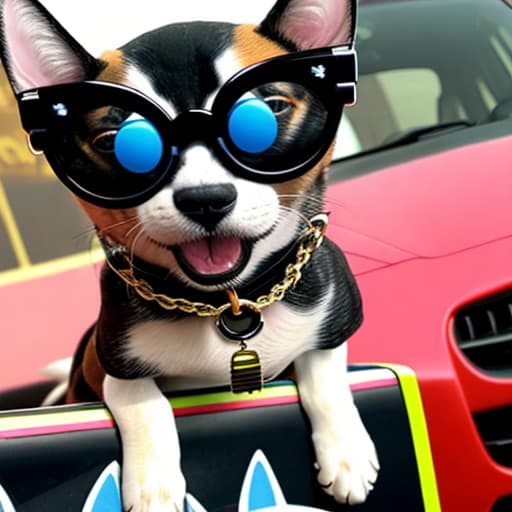  Un Dog y un Cat con lentes negro y cadenas de oro manejado un carro de jugué de niño tamaño mediano