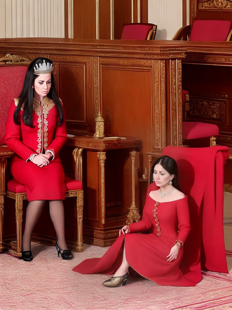  a royal minister kneel downly sitting on a royal luxurious courtroom. minister wearing red luxurious outfit