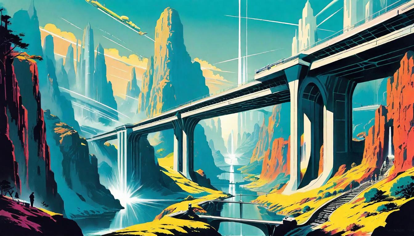  retro futuristic A bridge spanning a chasm, linking logic and emotion with figures crossing together, Balanced, secure, Visual representation of empathy and rationale in decision making. lvintage sci fi, 50s and 60s style, atomic age, vibrant, highly detailed