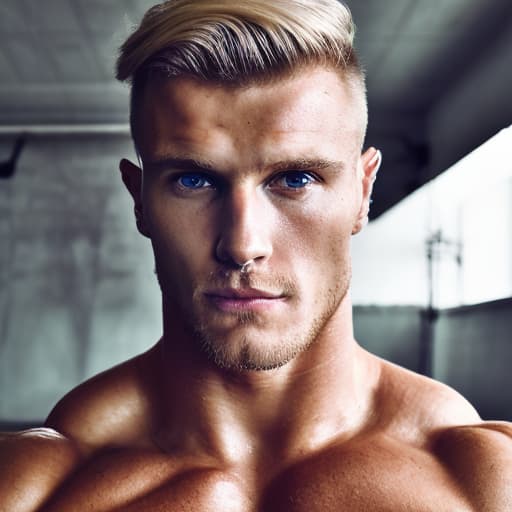 portrait+ style Russian queer fitness model blonde hunk dude face