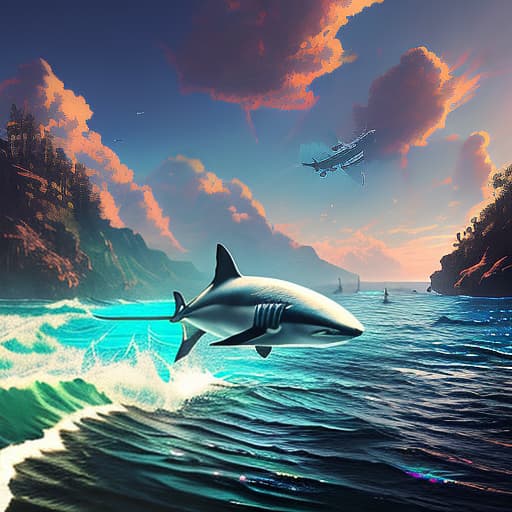 nvinkpunk Realistic image of a shark jumping out of the water hyperrealistic, full body, detailed clothing, highly detailed, cinematic lighting, stunningly beautiful, intricate, sharp focus, f/1. 8, 85mm, (centered image composition), (professionally color graded), ((bright soft diffused light)), volumetric fog, trending on instagram, trending on tumblr, HDR 4K, 8K