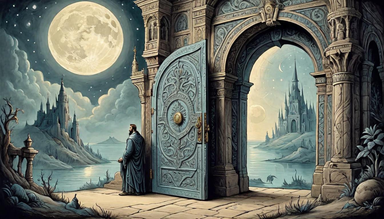  on parchment, surrealism+++, A figure facing a grand, ornate door with intricate carvings, moonlight illuminating their path, solemn, grand(mysterious, provocative, symbolic,muted color)+++