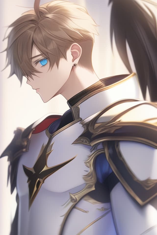  (Close up the upper body) (Illustration for one male), (all back hair) Masterpiece, Holy Knight, Handsome, Good Looking, Blue Eye Color, (TWO BLOCK) e cropped) (All Back Haircut)} (Expressionless) Wearing White Knight's Outfit, High Quality, 8k