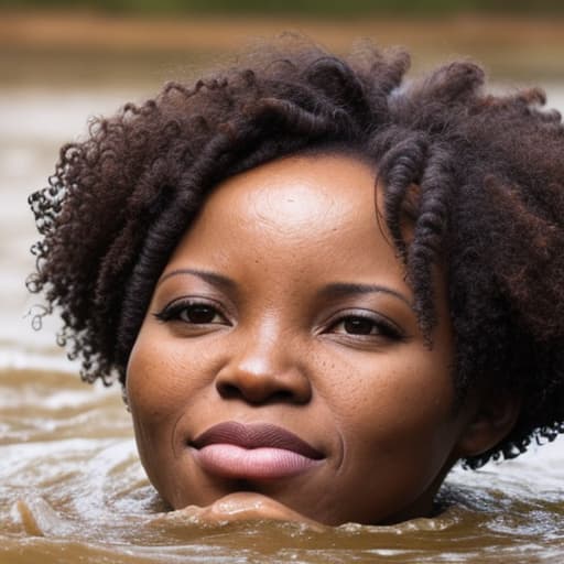  african woman's face with short and curly hair sinking in the river