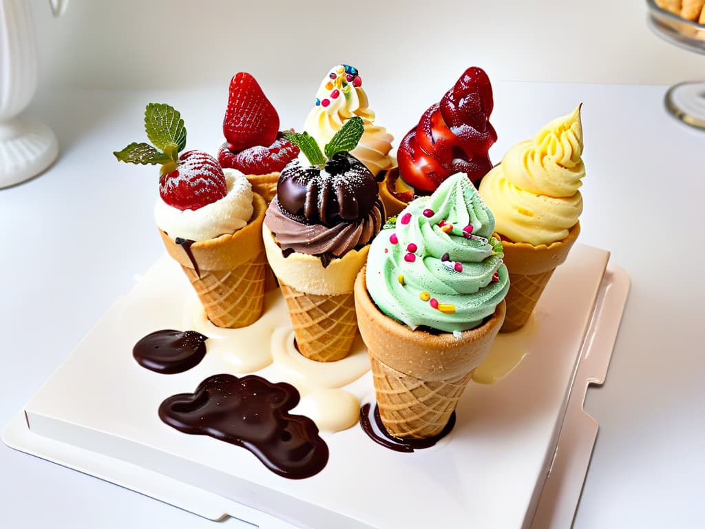  A closeup, ultradetailed image of a vibrant homemade ice cream cone with multiple colorful scoops stacked high, topped with a variety of decadent toppings like chocolate sauce, sprinkles, fresh berries, and a delicate mint leaf. The ice cream cone is set against a simple, elegant white background, emphasizing the rich textures and bold colors of the dessert. hyperrealistic, full body, detailed clothing, highly detailed, cinematic lighting, stunningly beautiful, intricate, sharp focus, f/1. 8, 85mm, (centered image composition), (professionally color graded), ((bright soft diffused light)), volumetric fog, trending on instagram, trending on tumblr, HDR 4K, 8K