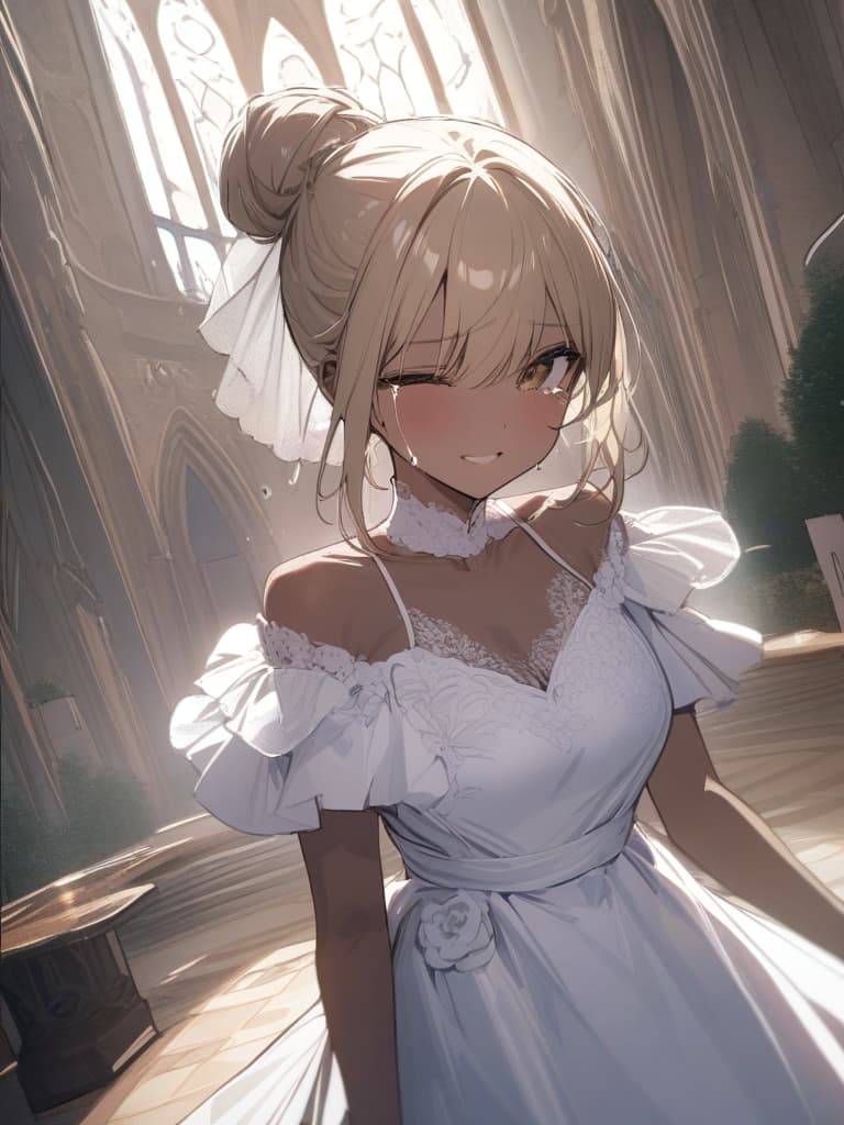  ultra detailed:1.2masterpiece:1.2,best quality,masterpiece,bestquality,hdr:1.1,8k:1.1,very cute girl:1.3,blonde hair:1.3,seductive smile:1.3,grin:1.6,(tears:1.2),one closed eye:1.2 ,embarred:1.3,single hair bun:1.3,race wedding light pink dress:1.3,bridal veil:1.3,(brown skin:1.4),upper body:1.3,face focus:1.3,Dutch angle:1.3,bouquet:1.3,reaching hand at viewer:1.5,church:1.3, masterpiece, best quality,8k,ultra detailed,high resolution,an extremely delicate and beautiful,hyper detail