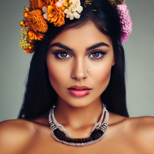 portrait+ style (Naked)Indian woman, with dimples, and full lips, jet black hair, brown skin, with a necklace and flowers on her head