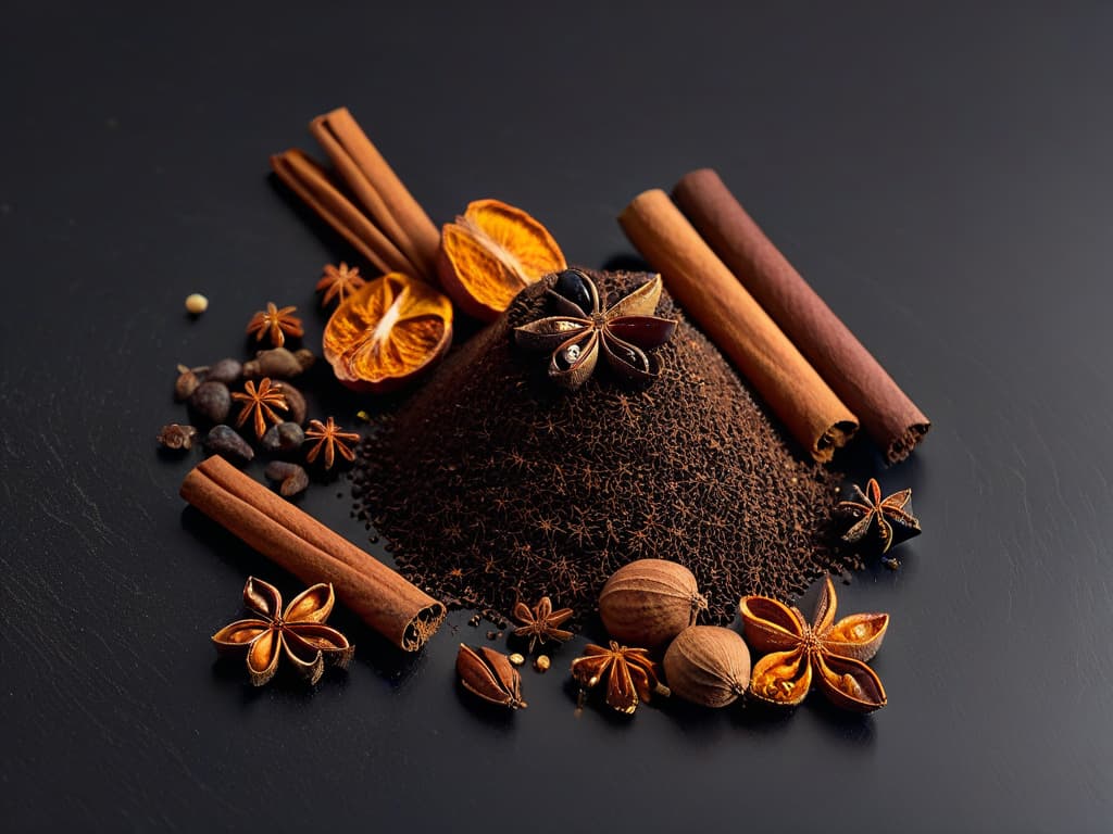  An ultradetailed image of a variety of autumn spices like cinnamon sticks, whole nutmeg, cloves, and star anise beautifully arranged on a sleek, minimalist black granite countertop. The warm hues of the spices contrast elegantly with the cool, smooth surface, creating a visually striking and inviting scene for the readers. Each spice is perfectly positioned to showcase its unique texture and color, inviting the audience to explore the sensory delights of fall flavors. hyperrealistic, full body, detailed clothing, highly detailed, cinematic lighting, stunningly beautiful, intricate, sharp focus, f/1. 8, 85mm, (centered image composition), (professionally color graded), ((bright soft diffused light)), volumetric fog, trending on instagram, trending on tumblr, HDR 4K, 8K