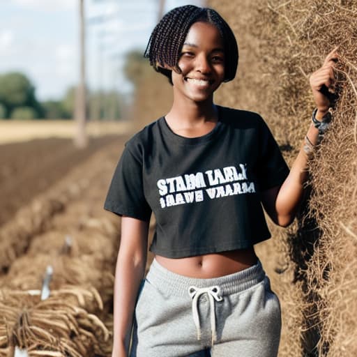  short hair black girl wearing t-shirt and pants doing farm work