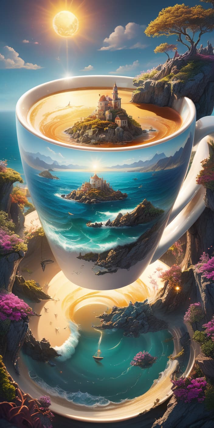  (digital painting, surrealism:1.2), magical world inside a coffee cup, sea and islands floating on the surface, small sun shining above the cup, dreamlike atmosphere, fantastical colors blending seamlessly, swirling lights dancing across the miniature landscape, surreal and enchanting mood, intricate details in every whimsical element, a sense of wonder and magic encapsulated in a single cup hyperrealistic, full body, detailed clothing, highly detailed, cinematic lighting, stunningly beautiful, intricate, sharp focus, f/1. 8, 85mm, (centered image composition), (professionally color graded), ((bright soft diffused light)), volumetric fog, trending on instagram, trending on tumblr, HDR 4K, 8K