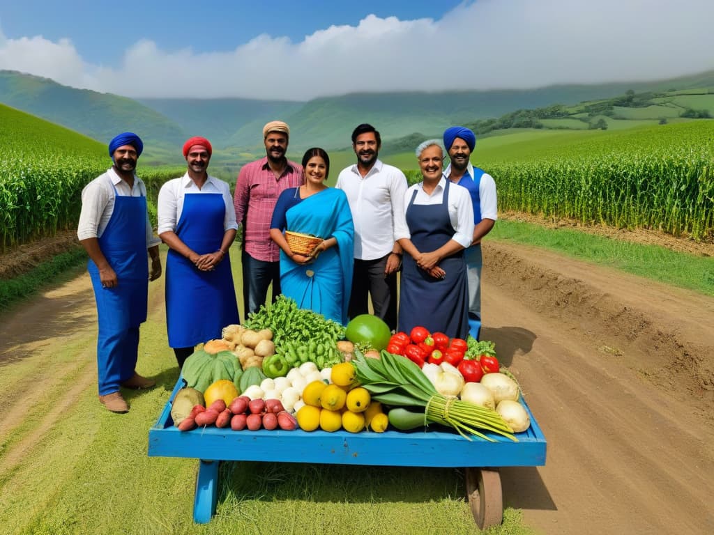  An image of a group of diverse farmers from different parts of the world standing together, each holding a basket of their locally sourced fair trade ingredients. The background is a lush green farm with various crops in the backdrop, under a clear blue sky. The farmers have genuine smiles on their faces, showcasing pride and unity in their work. The image is captured in high resolution, highlighting the details of the farmers' traditional attire and the vibrant colors of the fresh produce they cultivate. hyperrealistic, full body, detailed clothing, highly detailed, cinematic lighting, stunningly beautiful, intricate, sharp focus, f/1. 8, 85mm, (centered image composition), (professionally color graded), ((bright soft diffused light)), volumetric fog, trending on instagram, trending on tumblr, HDR 4K, 8K