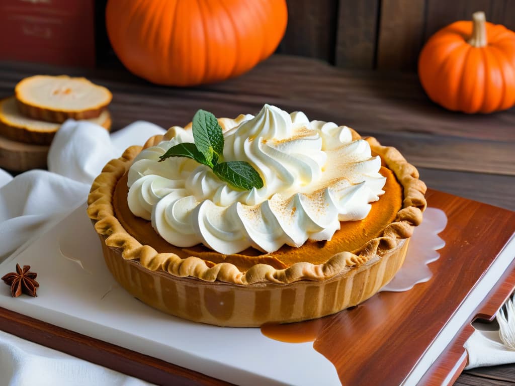  An ultradetailed closeup image of a perfectly goldenbrown pumpkin pie, with a flaky crust and a dollop of whipped cream on top, sitting on a rustic wooden table. The pie is garnished with a sprinkling of cinnamon and a few fresh mint leaves, showcasing the traditional Thanksgiving dessert in all its delicious glory. hyperrealistic, full body, detailed clothing, highly detailed, cinematic lighting, stunningly beautiful, intricate, sharp focus, f/1. 8, 85mm, (centered image composition), (professionally color graded), ((bright soft diffused light)), volumetric fog, trending on instagram, trending on tumblr, HDR 4K, 8K