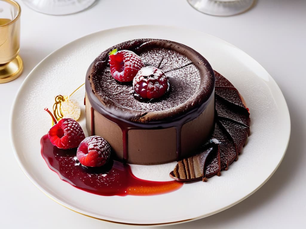  A closeup, ultradetailed image of a beautifully crafted dessert plate, featuring a decadent chocolate lava cake with a perfectly melty center, surrounded by a delicate swirl of raspberry coulis, topped with a single fresh raspberry and a dusting of edible gold flakes. The plate is set on a sleek, minimalist white backdrop, showcasing the dessert as a work of art. hyperrealistic, full body, detailed clothing, highly detailed, cinematic lighting, stunningly beautiful, intricate, sharp focus, f/1. 8, 85mm, (centered image composition), (professionally color graded), ((bright soft diffused light)), volumetric fog, trending on instagram, trending on tumblr, HDR 4K, 8K