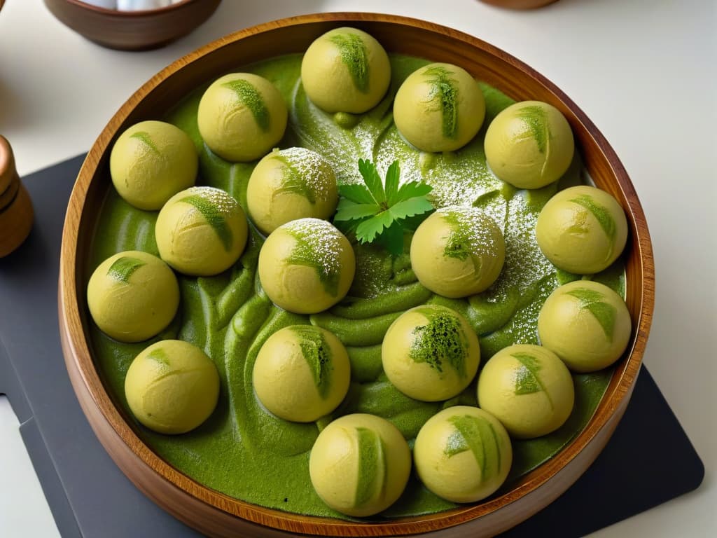  An ultradetailed closeup image of freshly made dango balls arranged in a traditional Japanese wooden serving bowl, delicately dusted with vibrant matcha powder and drizzled with rich, goldenbrown homemade mitarashi sauce. The soft, chewy texture of the dango, the vibrant green hue of the matcha powder, and the glossy sheen of the sweetsavory sauce create a visually striking and appetizing composition that captures the essence of this beloved Japanese treat. hyperrealistic, full body, detailed clothing, highly detailed, cinematic lighting, stunningly beautiful, intricate, sharp focus, f/1. 8, 85mm, (centered image composition), (professionally color graded), ((bright soft diffused light)), volumetric fog, trending on instagram, trending on tumblr, HDR 4K, 8K