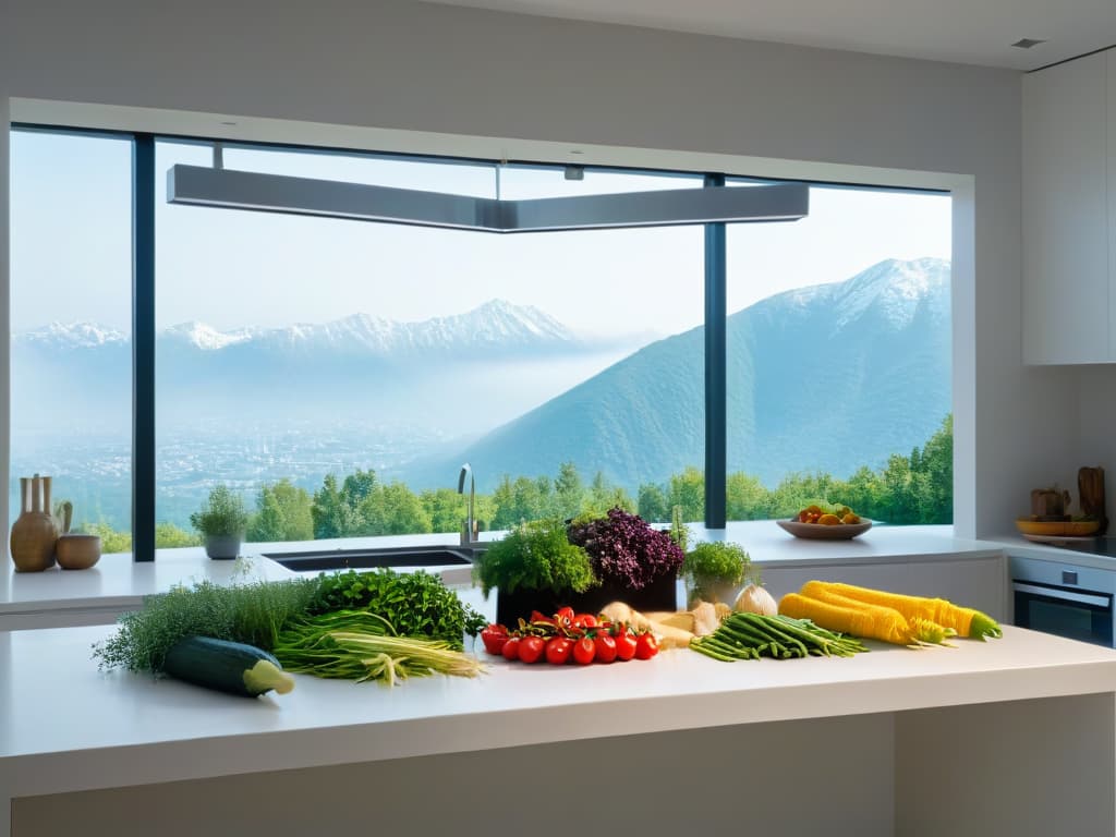  An 8k ultradetailed image of a serene kitchen retreat, featuring a sleek and modern kitchen island with fresh herbs and colorful vegetables neatly arranged, surrounded by large windows showcasing a picturesque mountain view in the background. The minimalist design highlights the beauty of the ingredients and the peaceful ambiance of the culinary space, inviting viewers to envision themselves immersed in a cooking experience that combines learning and adventure. hyperrealistic, full body, detailed clothing, highly detailed, cinematic lighting, stunningly beautiful, intricate, sharp focus, f/1. 8, 85mm, (centered image composition), (professionally color graded), ((bright soft diffused light)), volumetric fog, trending on instagram, trending on tumblr, HDR 4K, 8K