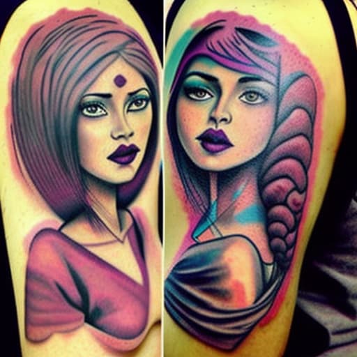  dos mujeres gemelas con tatuajes y pelo violeta