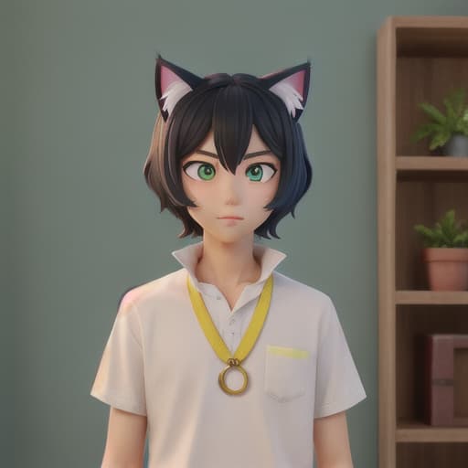  Young man black hair green eyes with cat ears