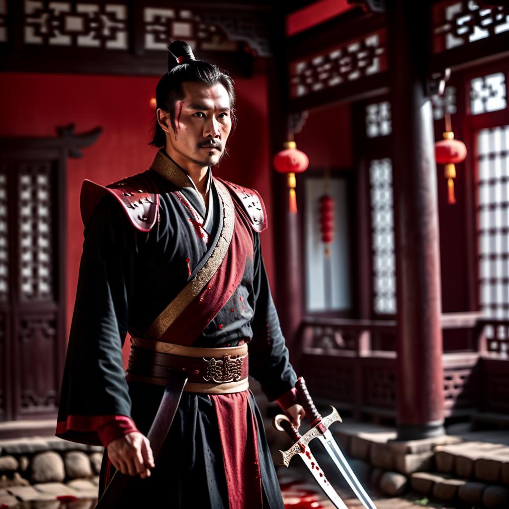  cinematic film still "A man in a Ronaldin costume with glowing eyes and a bloodied sword stands in front of an old Chinese house. Blood splatters fly around." . shallow depth of field, vignette, highly detailed, high budget, bokeh, cinemascope, moody, epic, gorgeous, film grain, grainy
