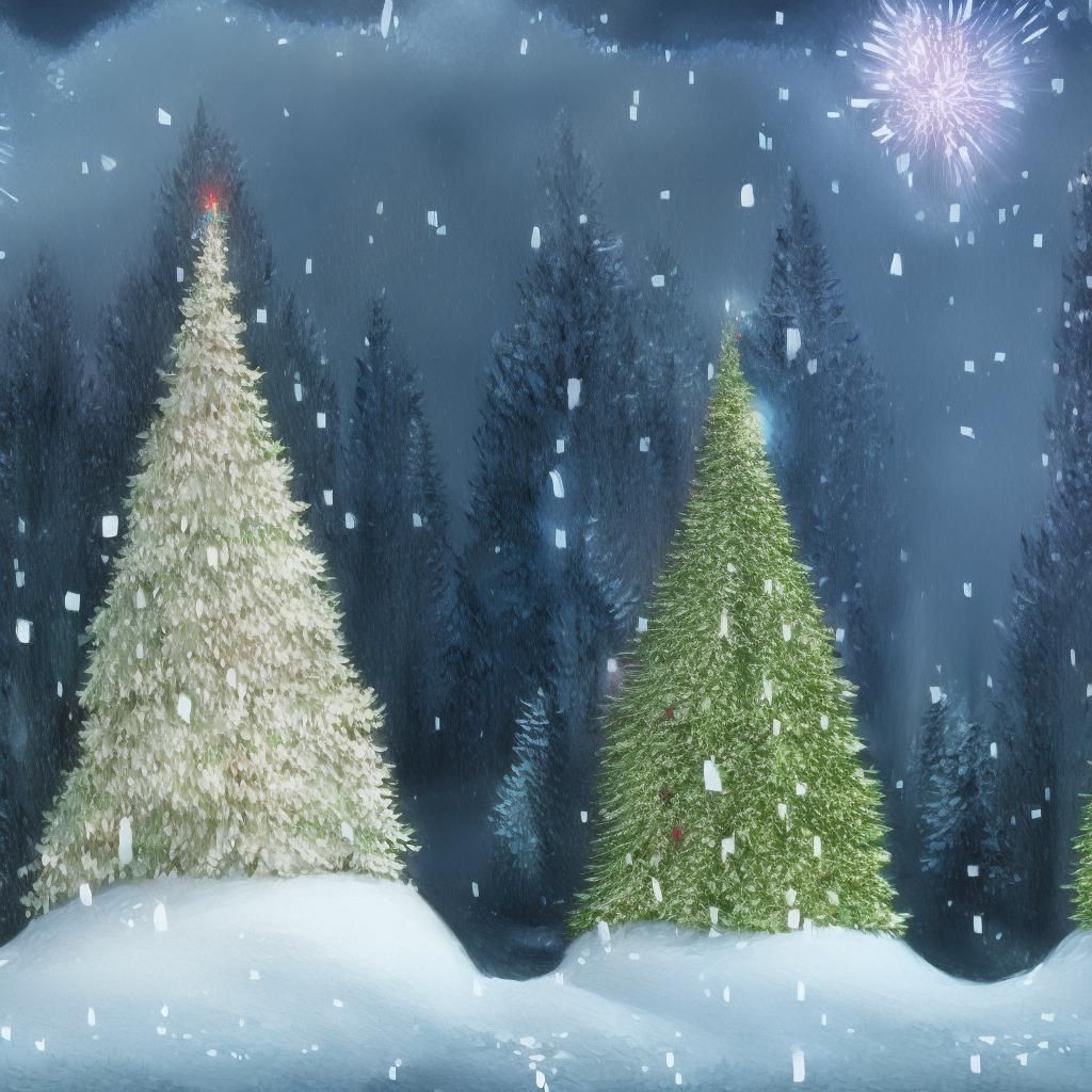  masterpiece Christmas trees with a portal in between them viewing snow winter scene, fireworks, glow, artstation, hyperrealistic, hyperdetailed, trending