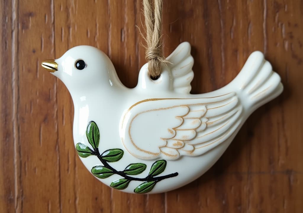  good quality, high quality, a hand painted ceramic ornament of a dove with an olive branch, symbolizing peace, hanging against a wooden backdrop. no people.