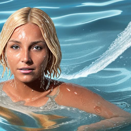  tanned blonde woman's face is in the water she's sinking and drowning she's panic a lot of water waves and splashes around